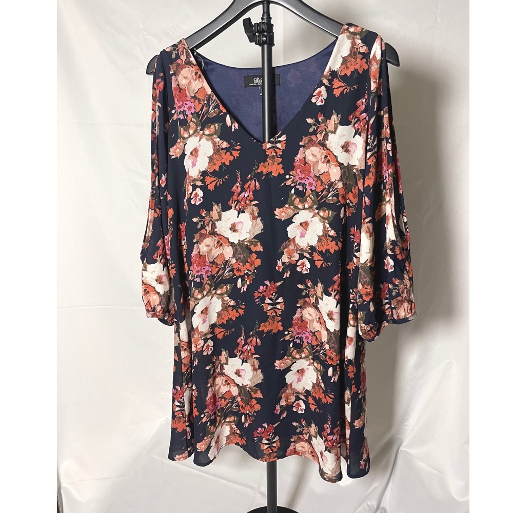 Floral Boho Swing Dress Womens M Navy V Neck Split  Sleeve Lined flowy Romantic
